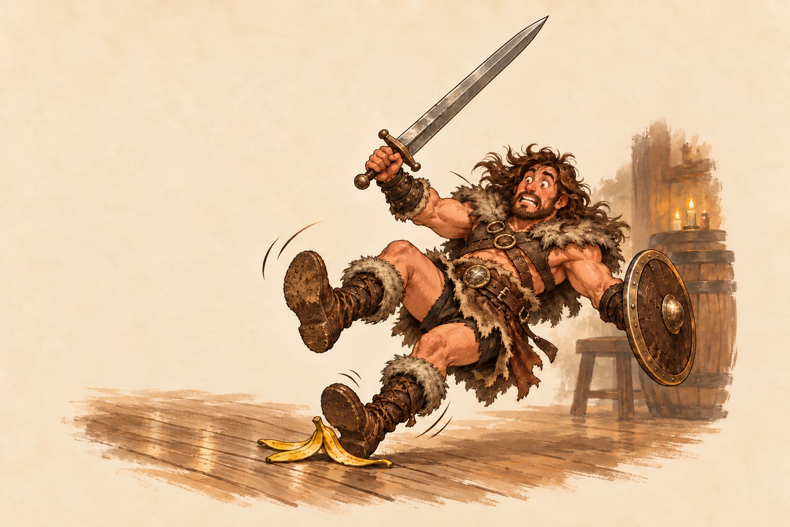 A surprised barbarian holding a sword and round shield slips on a banana peel.