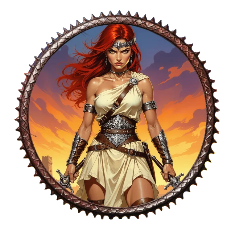 Red-haired fantasy barbarian portrait in a decorative circular token frame