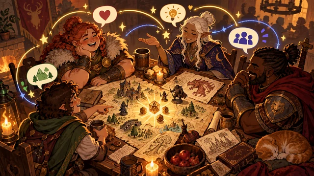 Adventurers sharing a lively tabletop game in a welcoming fantasy tavern