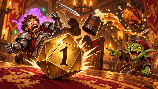 A golden d20 causing playful chaos across a fantasy tavern table