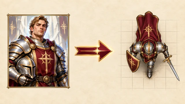 A paladin portrait transforming into a standing top-down character