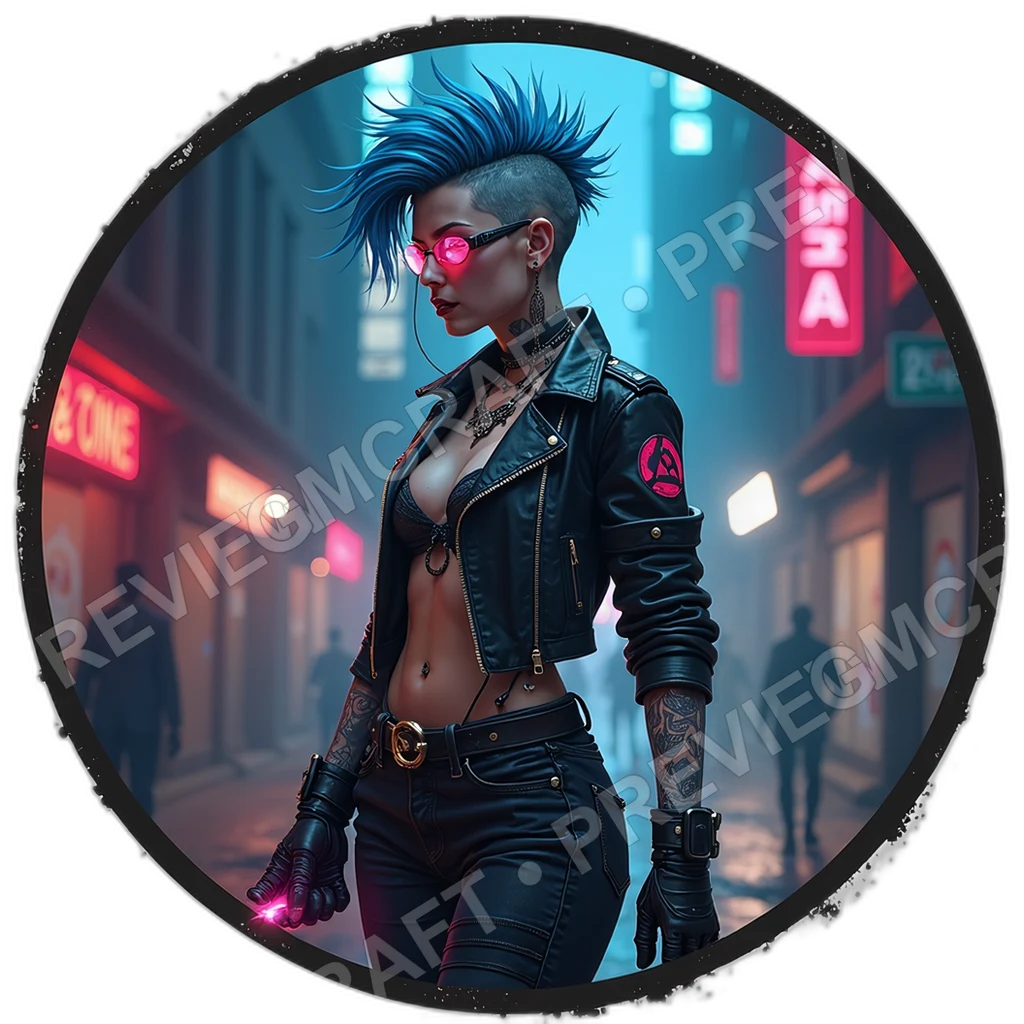 A Female Neon Mohawk Anarchist,Blue Hairs, Diy Plasma Pipe, Hacked Civic Badge, 0002 top-down token preview