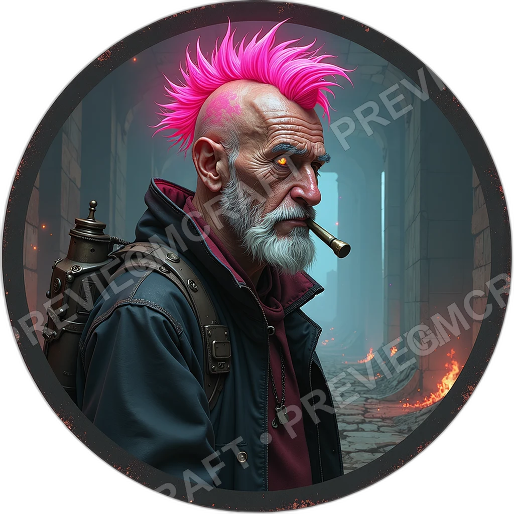 Burned Protest Poet, Male, Neon Mohawk, Diy Plasma Pipe, Hacked Civic Badge, Manifesto Folded In Boot, Cyberpunks Anarchists, ,Elder Very Old Person,1 0001 top-down token preview