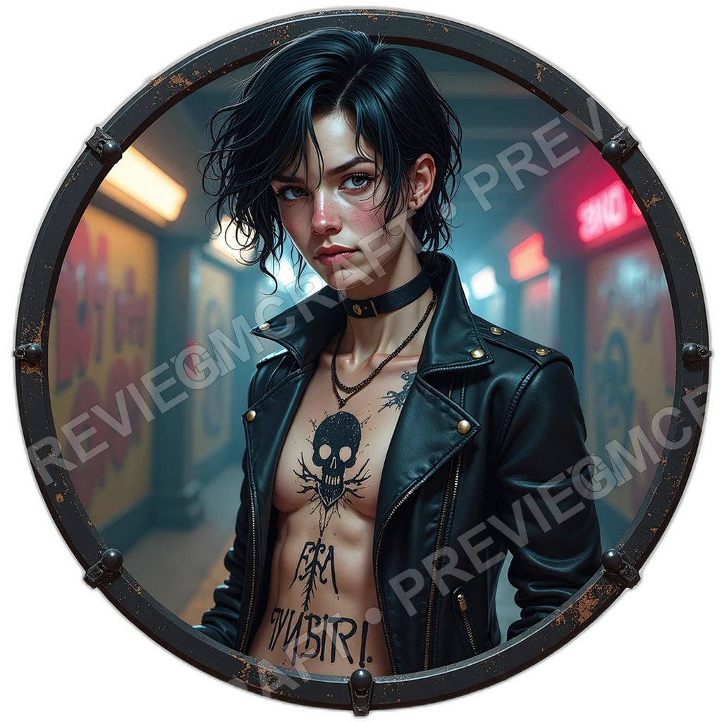 Neon Riot Provocateur, Male, Emp Wrist Coil, Painted Manifesto Chest, Stolen Civic Crest, Cyberpunks Anarchists, ,Young Adult Age,1.8,, ,Average Build 0001 top-down token preview