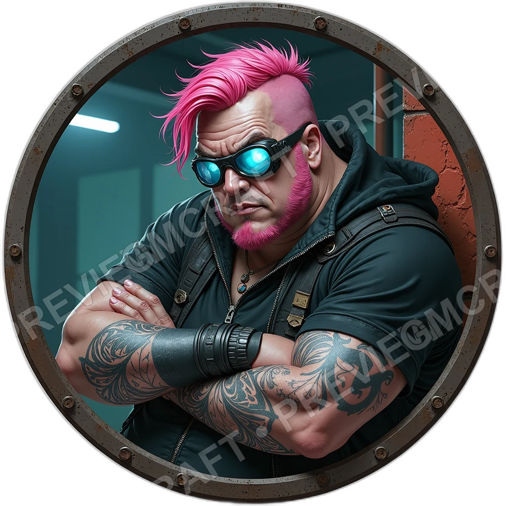 Spray Saboteur, Male, Pulse Coil Cuff, Manifesto Wrapped Forearm, Paint Etched Goggles, Cyberpunks Anarchists, ,Older Adult Age,1.8,, ,Overweight Buil 0001 top-down token preview
