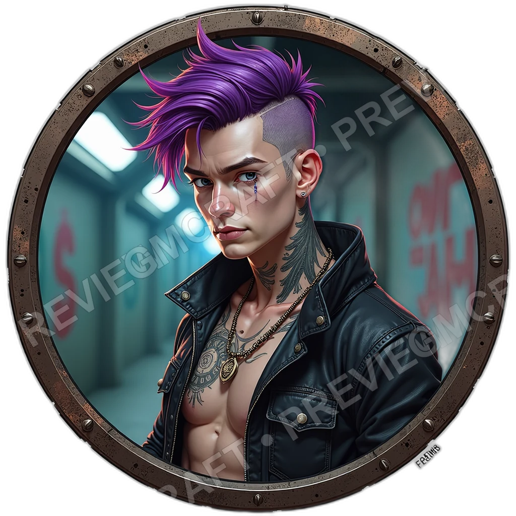 Street Pamphleteer, Male, Welded Throat Mic, Manifesto Chest Patch, Diy Plasma Canister, Patched Leather Sleeve, Cyberpunks Anarchists, ,Young Adult A 0001 top-down token preview