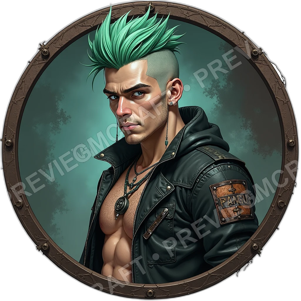 Street Pamphleteer, Male, Welded Throat Mic, Manifesto Chest Patch, Diy Plasma Canister, Patched Leather Sleeve, Cyberpunks Anarchists, ,Young Adult A 0002 top-down token preview
