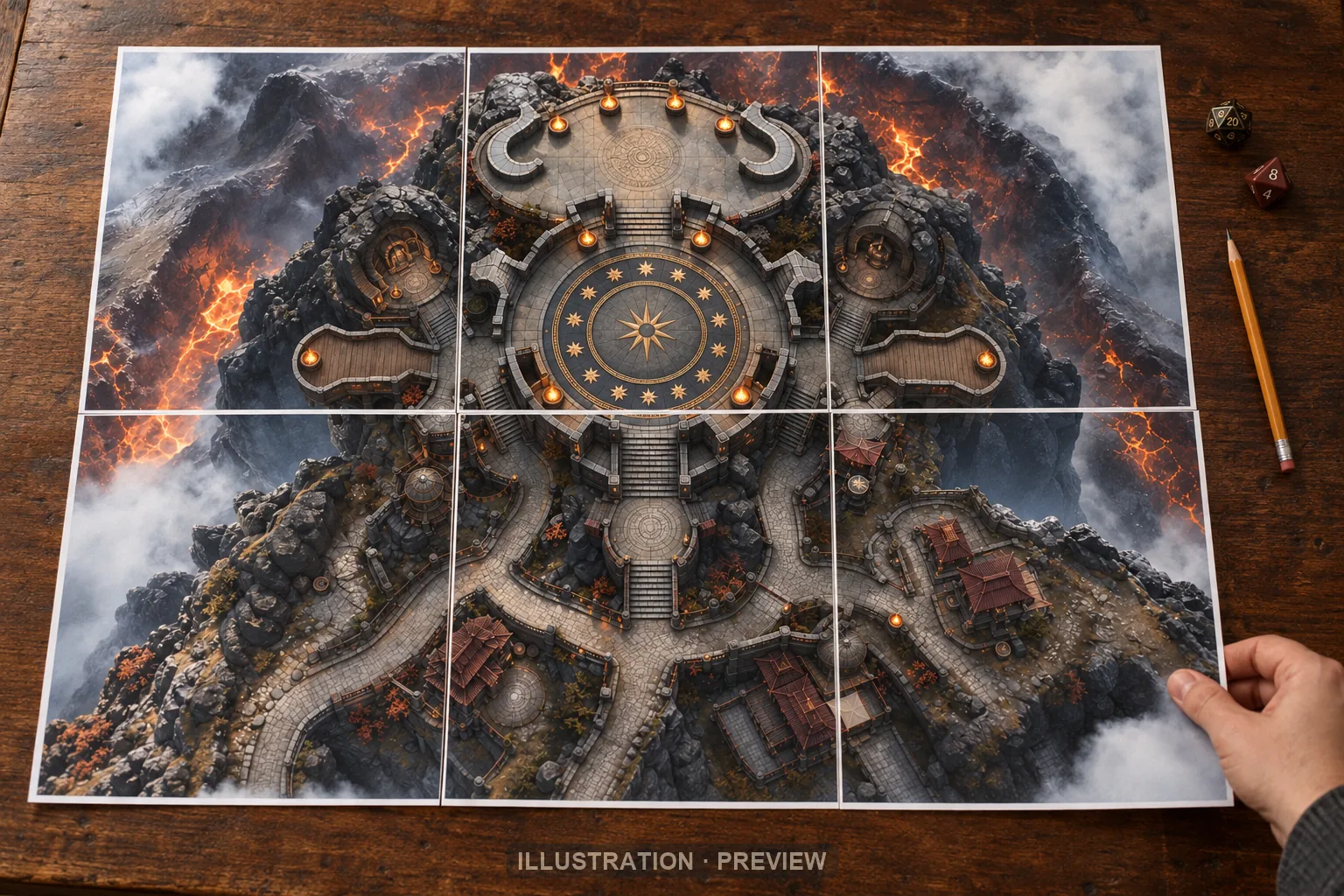 Illustration of a battlemap arranged on six printed sheets on a tabletop