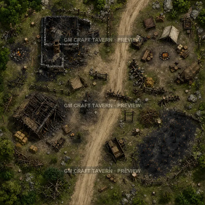 Burned Farmstead Raider Hideout battlemap preview