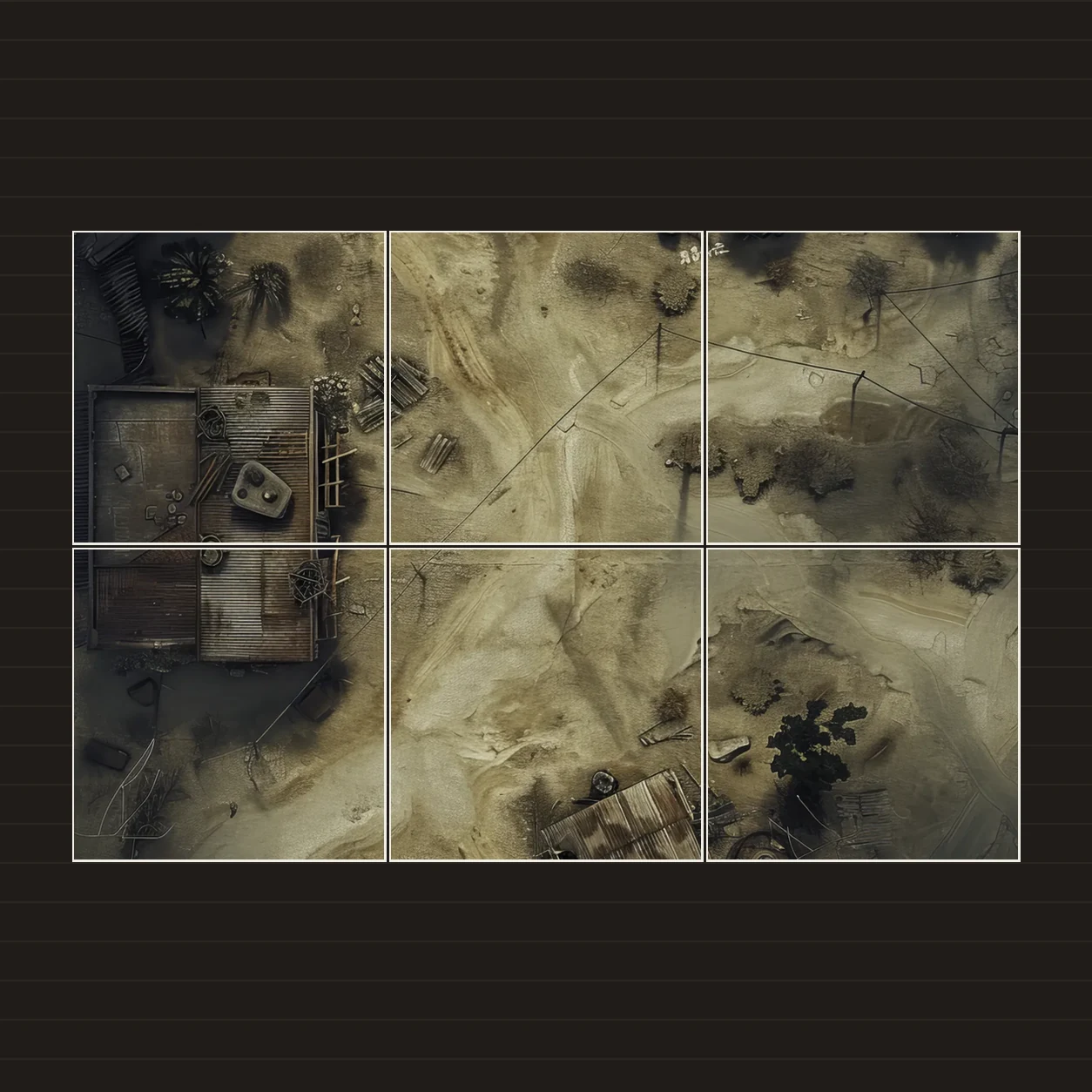 Illustration of a battlemap arranged on six printed sheets on a tabletop