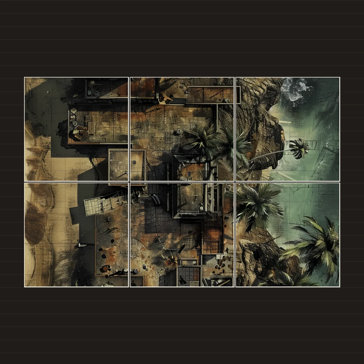 Illustration d’une battlemap disposée sur six feuilles imprimées sur une table