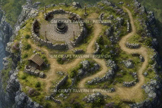 Windy Hilltop Beacon With Stone Signal Brazier And Switchback Path battlemap preview