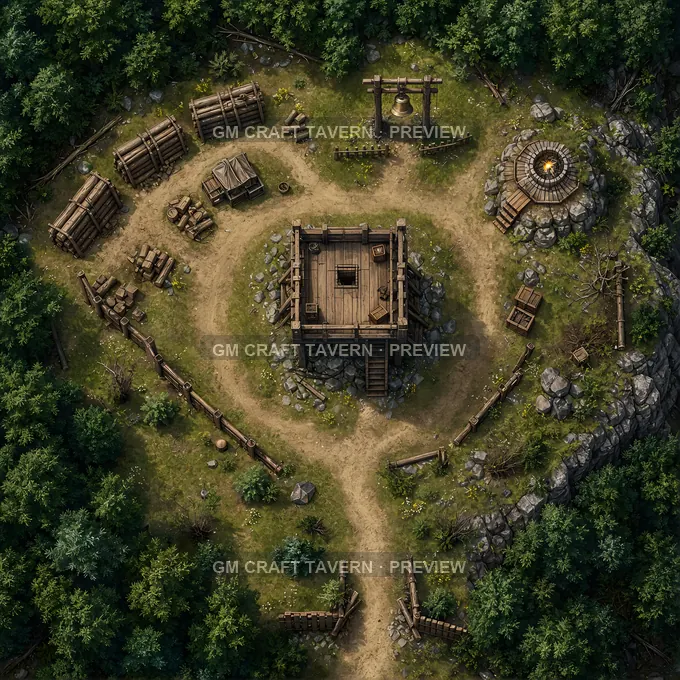 Forest Edge Fire Tower Clearing With Woodpile Racks And Alarm Bell battlemap preview