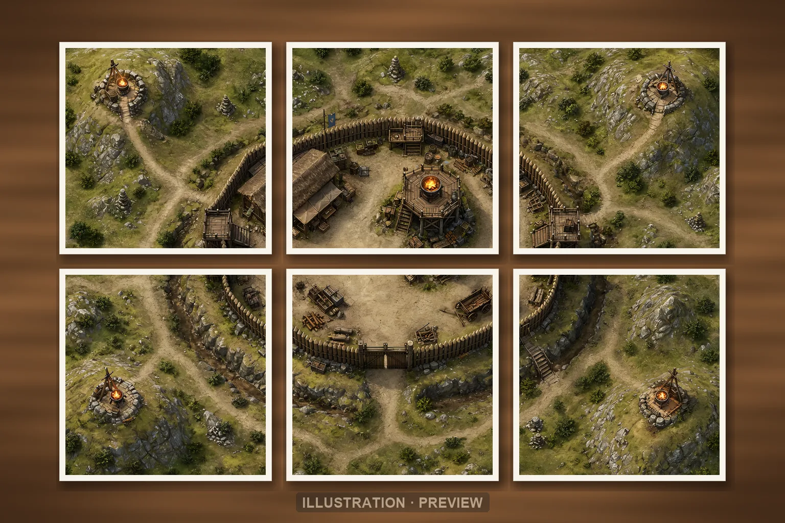 Illustration of a battlemap arranged on six printed sheets on a tabletop