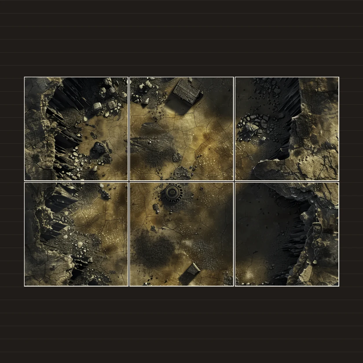 Illustration of a battlemap arranged on six printed sheets on a tabletop