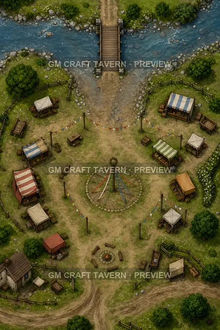 Aperçu de la battlemap Festival Ford Meadow With Temporary Stalls And Maypole Base