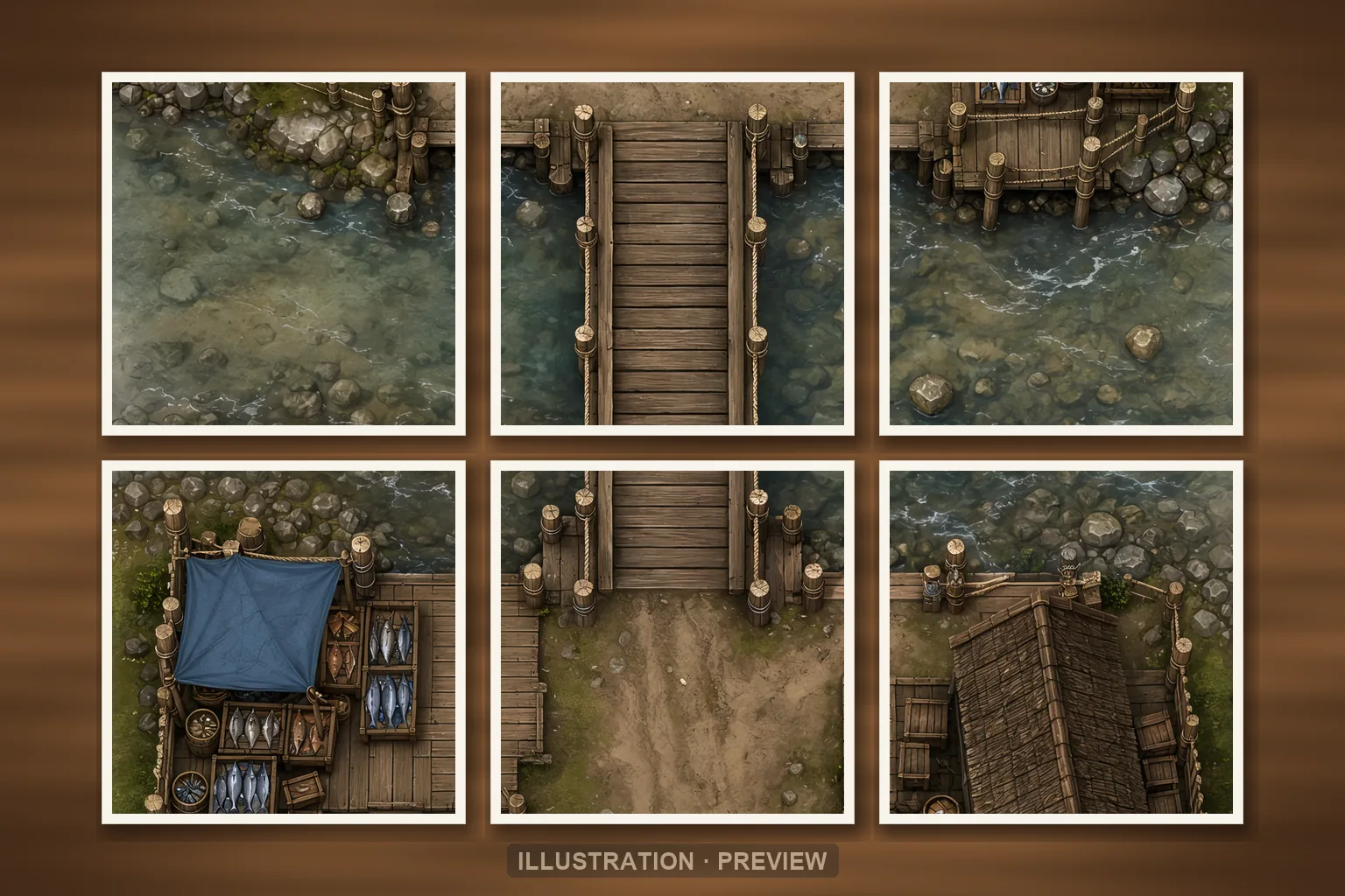 Illustration d’une battlemap disposée sur six feuilles imprimées sur une table