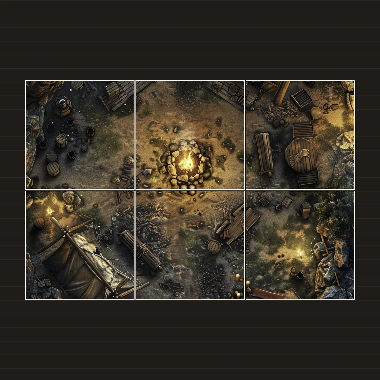Illustration of a battlemap arranged on six printed sheets on a tabletop