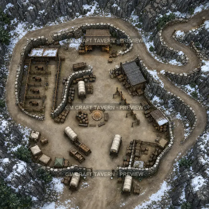Mountain Pass Waystation With Mule Pens And Avalanche Walls battlemap preview