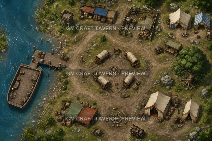 Riverside Merchant Camp With Ferry Mooring And Cargo Tarps battlemap preview