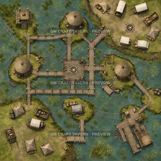 Marsh Boardwalk Camp With Reed Huts And Raised Fire Platforms battlemap preview