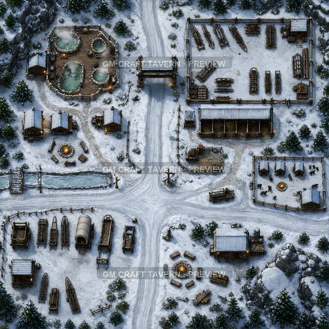 Snow Road Caravan Stop With Log Baths And Sled Yards battlemap preview