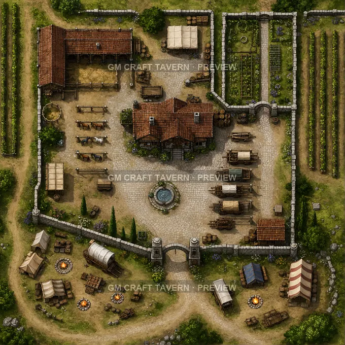 Vineyard Courier Post With Guest Stables And Walled Garden Lane battlemap preview