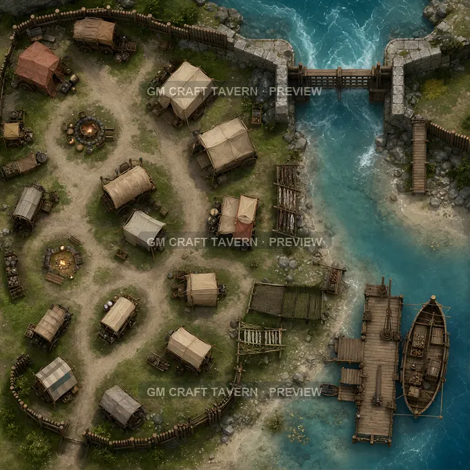 Coastal Caravan Camp With Fish Smoke Racks And Tide Gate battlemap preview