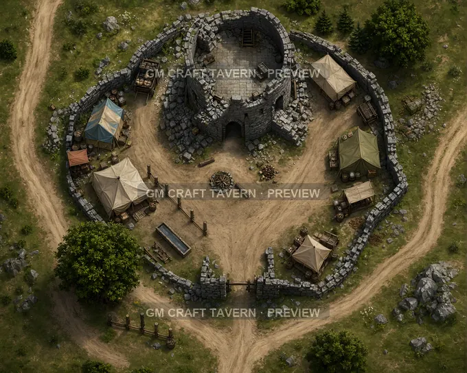 Ruined Watchtower Waystation Reused By Traders And Camp Followers battlemap preview