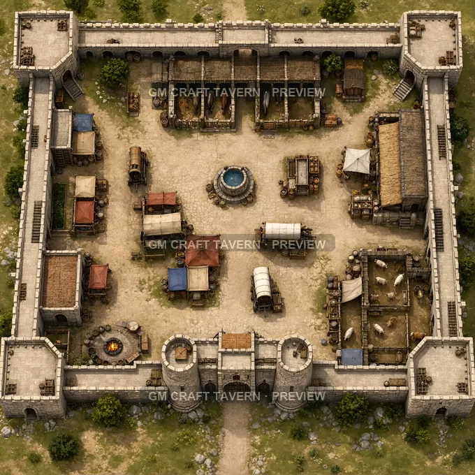 Fortified Caravanserai Courtyard With Gatehouse And Rooftop Walks battlemap preview