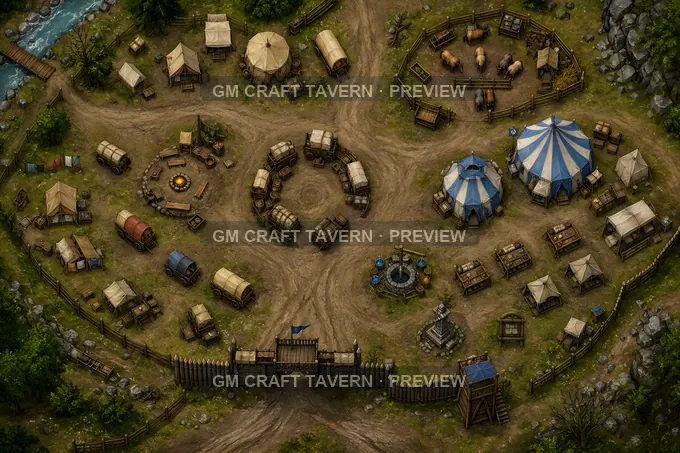 Border Refugee Caravan Camp With Healer Tents And Ration Lines battlemap preview