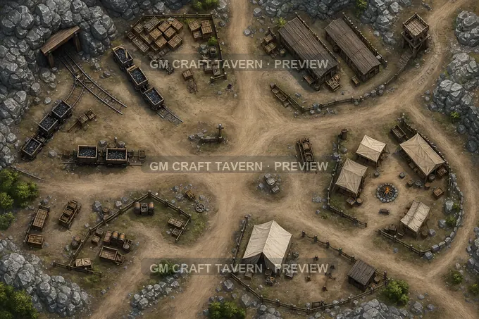 Mine Road Supply Station With Ore Wagons And Bunk Sheds battlemap preview