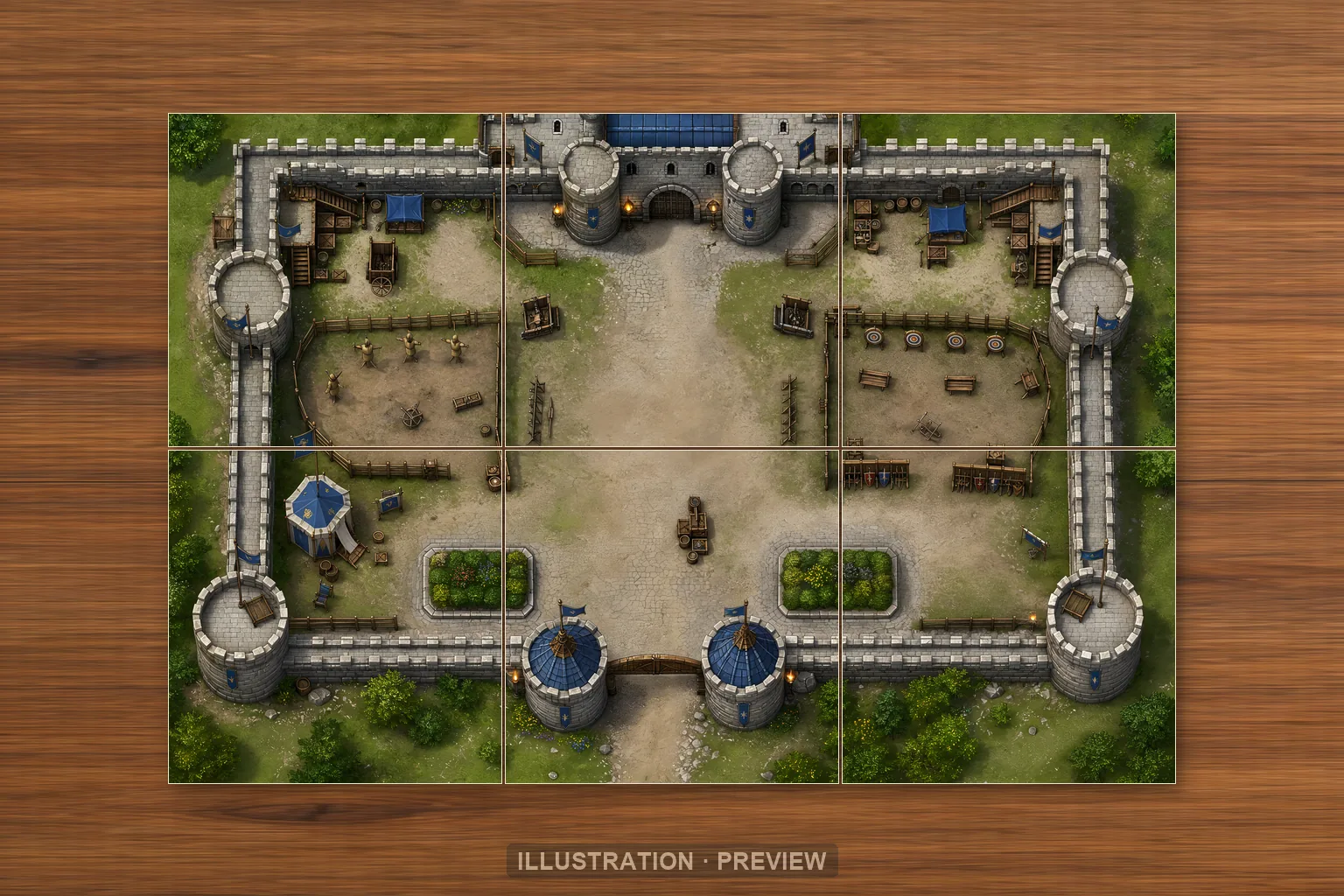 Illustration of a battlemap arranged on six printed sheets on a tabletop
