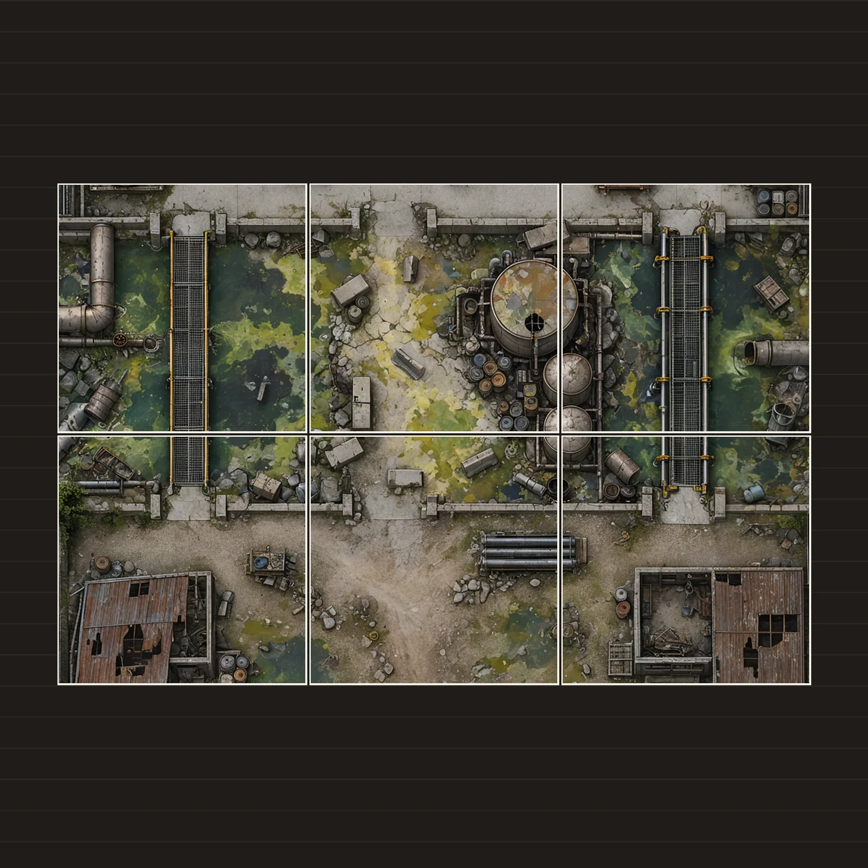 Illustration of a battlemap arranged on six printed sheets on a tabletop