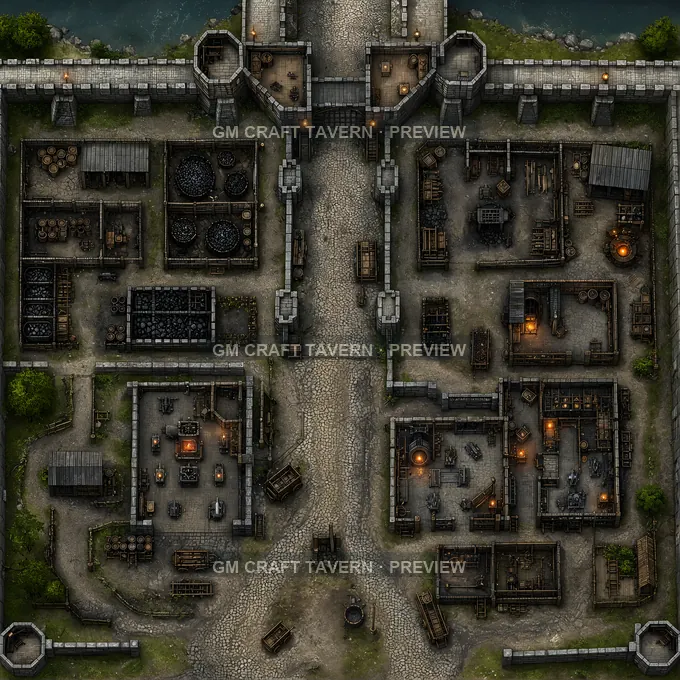 Smiths Gate With Charcoal Yards And Forge Outbuildings battlemap preview