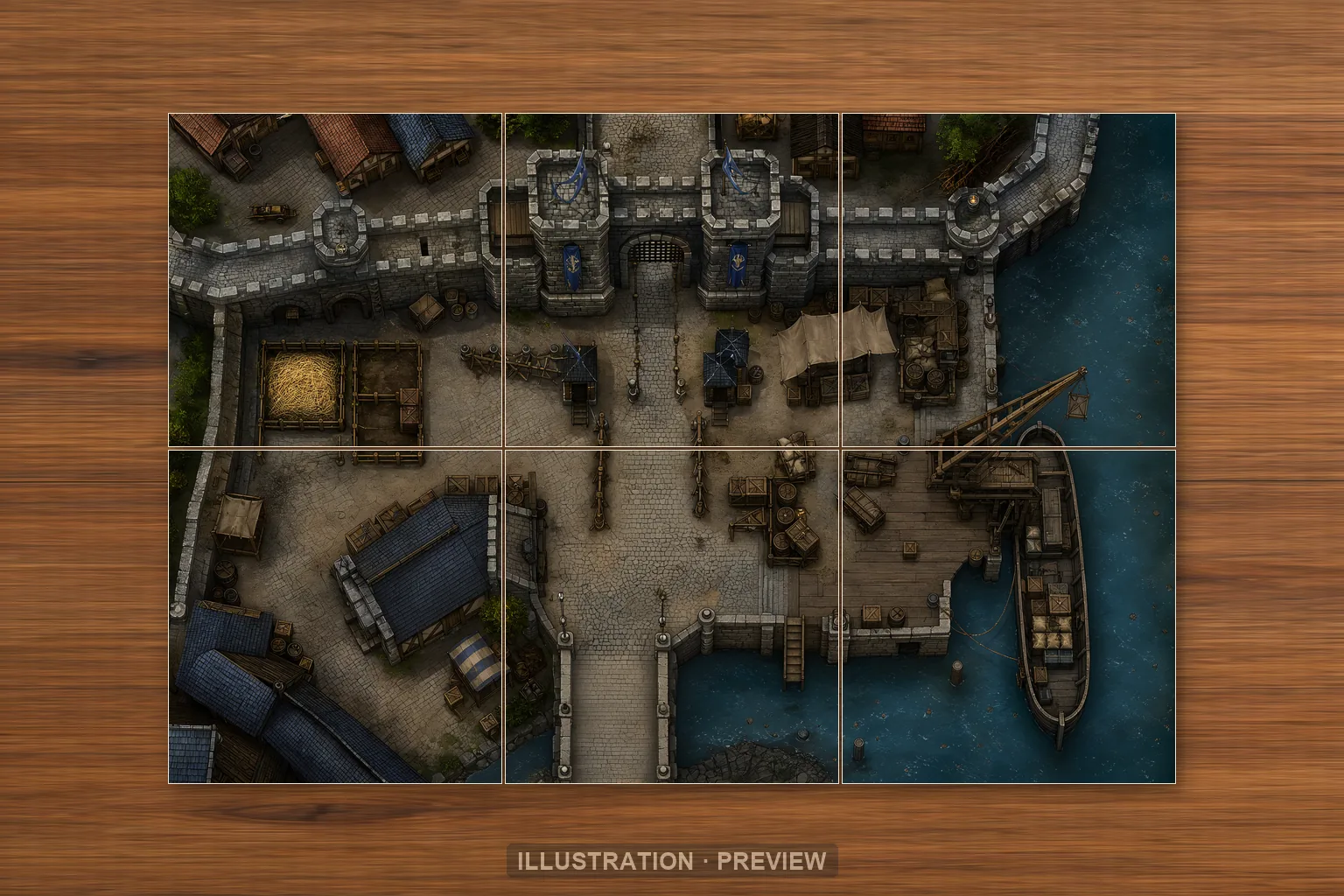 Illustration of a battlemap arranged on six printed sheets on a tabletop