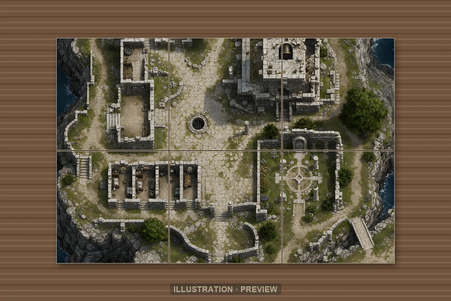 Illustration of a battlemap arranged on six printed sheets on a tabletop