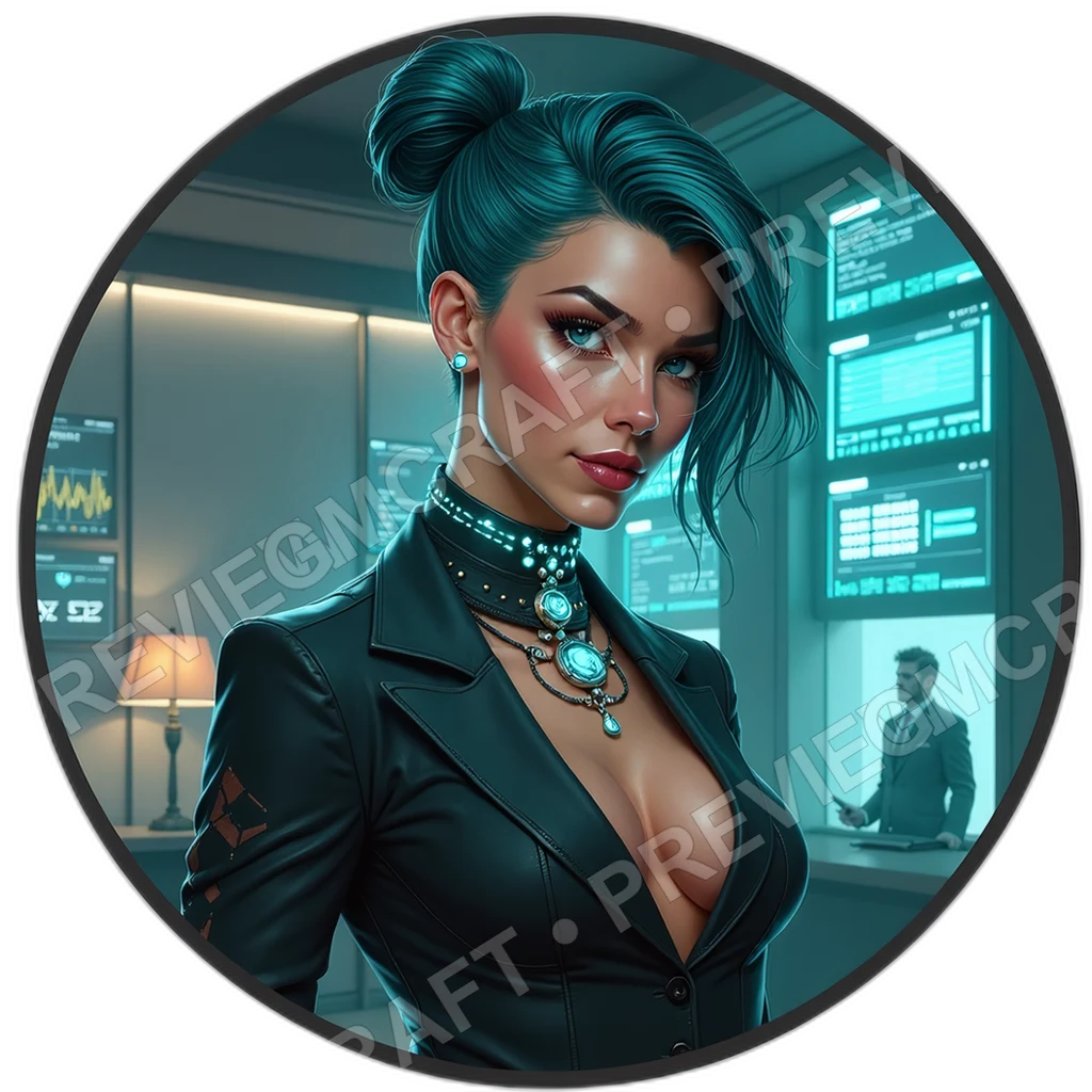 Boardroom Rainmaker, Female, Silk Neural Collar, Microprojector Brooch, Private Elevator Token, Corpo Execs, ,Older Adult Age,1.8,, ,Average Build,1.8 0001 top-down token preview