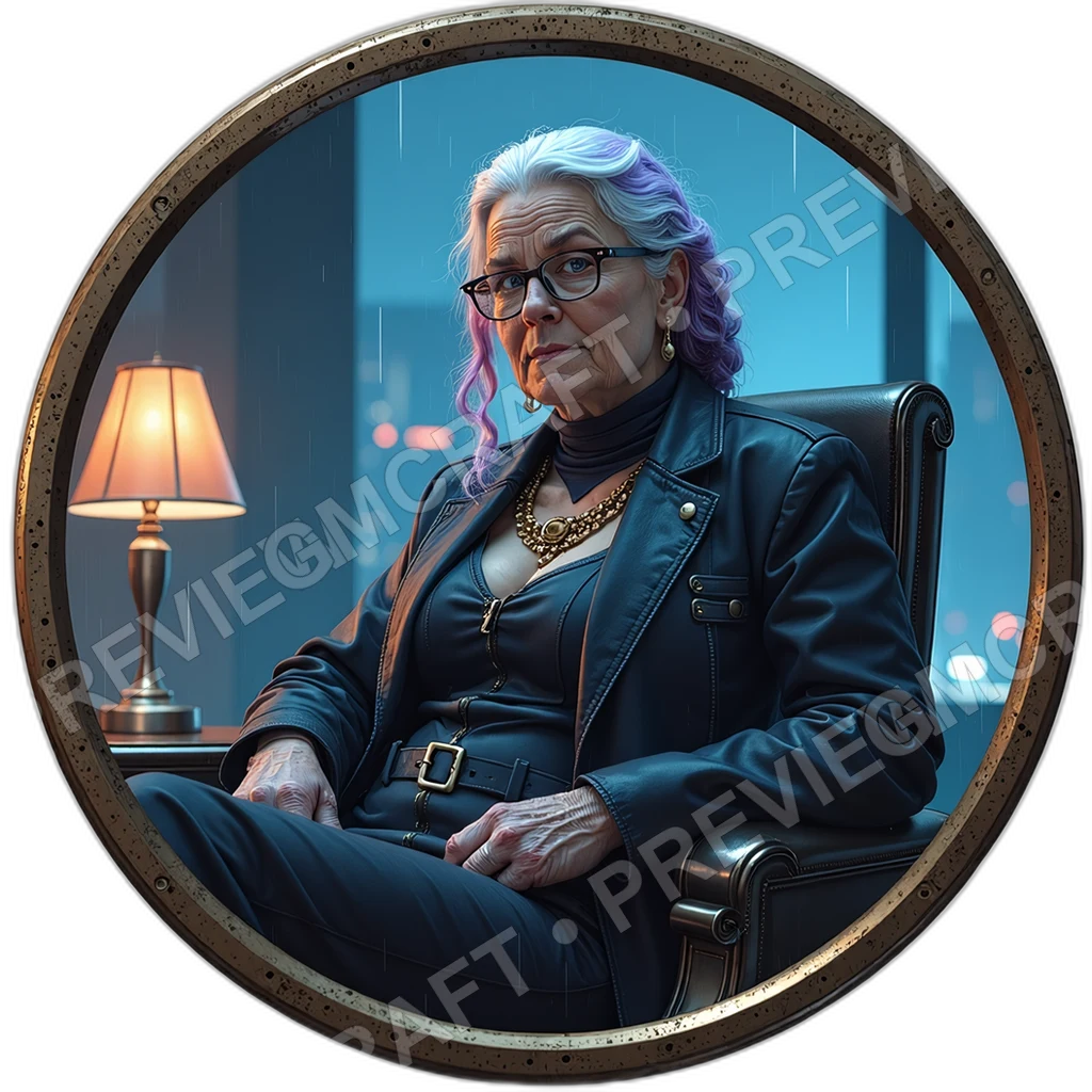 Boardroom Rainmaker, Female, Silk Neural Collar, Microprojector Brooch, Private Shuttle Token, Corpo Execs, ,Elder Very Old Person,1.8,, ,Obese Build, 0001 top-down token preview