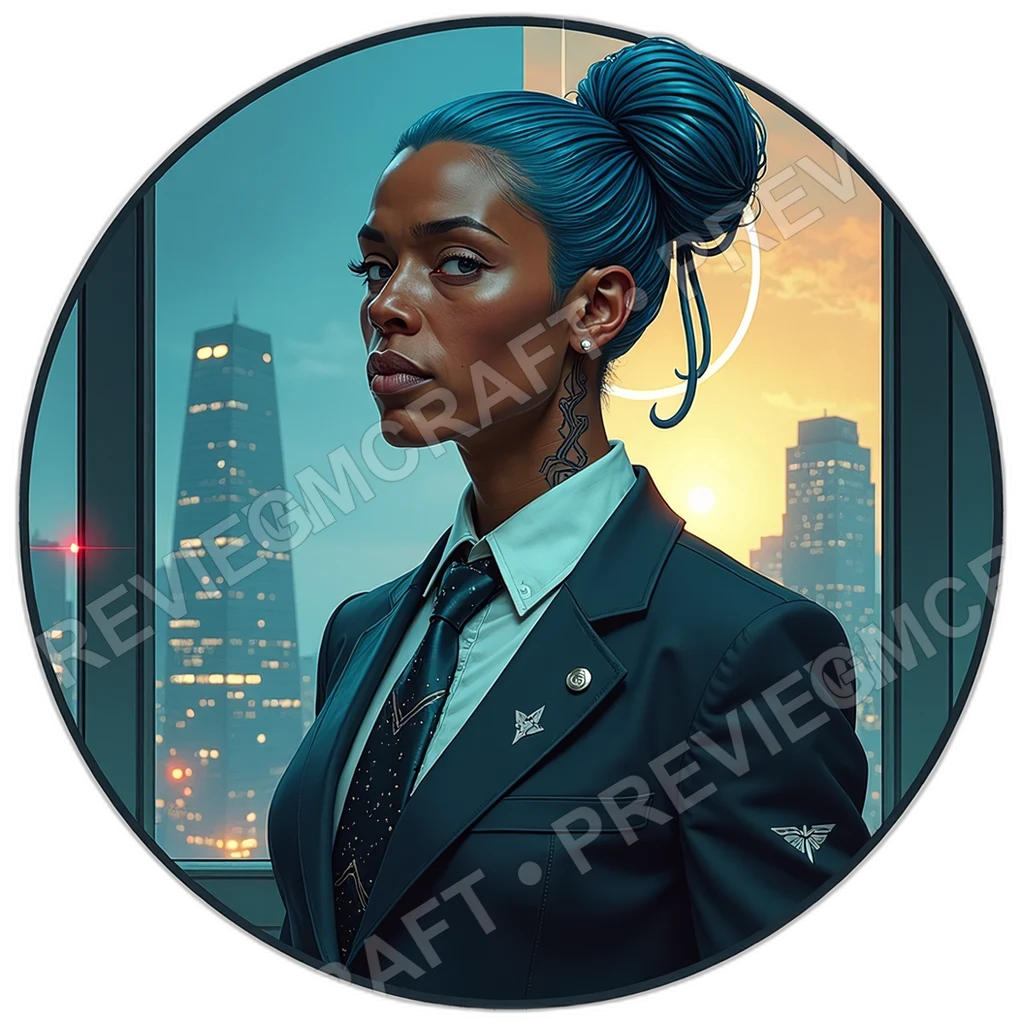 Boardroom Titan, Skullcap Neural Interface, Silk Tie Holo Projector, Ivory Cane Data Blade, Composed Stare, Corpo Execs, ,Older Adult Age,1.8,, ,Stock 0001 top-down token preview