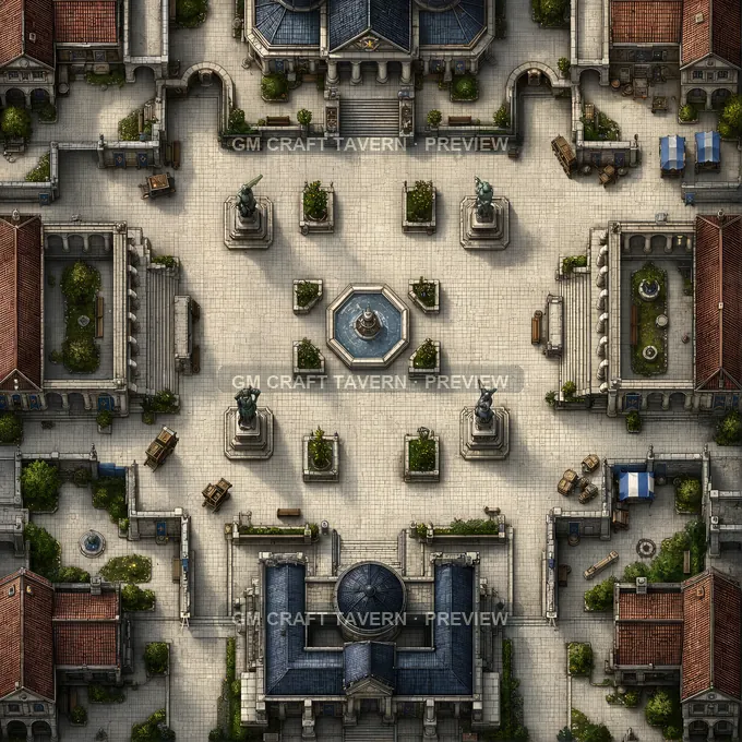 Grand Courthouse Square With Statues And Arcaded Entries battlemap preview