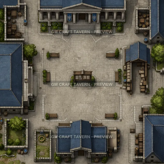 Emergency Muster Courtyard With Message Board And Relief Shed battlemap preview