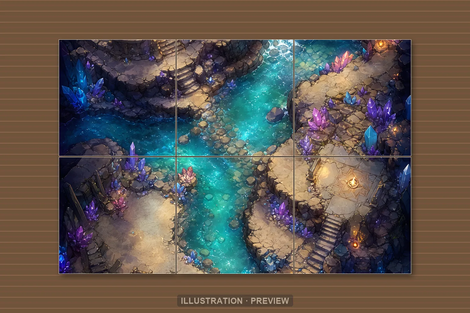 Illustration of a battlemap arranged on six printed sheets on a tabletop
