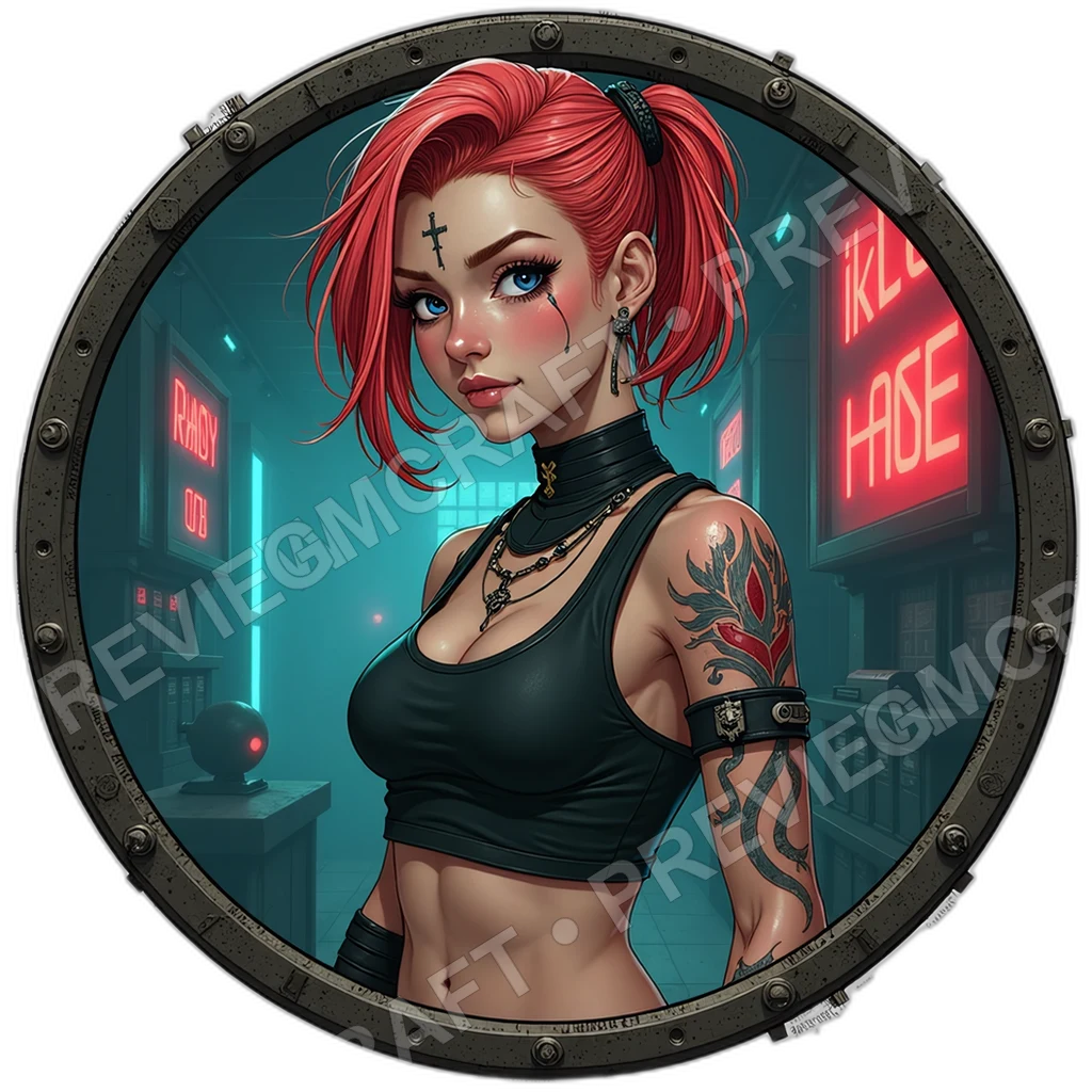 Armored Watch Captain, Female, Badge Implant Scar, Riot Harness Arc Clamps, Neck Stabilizer, Crowd Scanner, Police Security, ,,1.8,, ,Broad,S 0001 top-down token preview