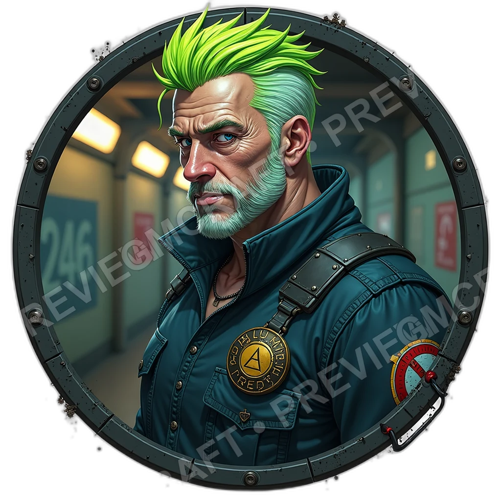 Crowd Control Sergeant, Male, Kinetic Restraint Gauntlet, Badge Holo Projector, Throat Stabilizer Collar, Police Security, ,Elder Very Old Person,1.8, 0001 top-down token preview