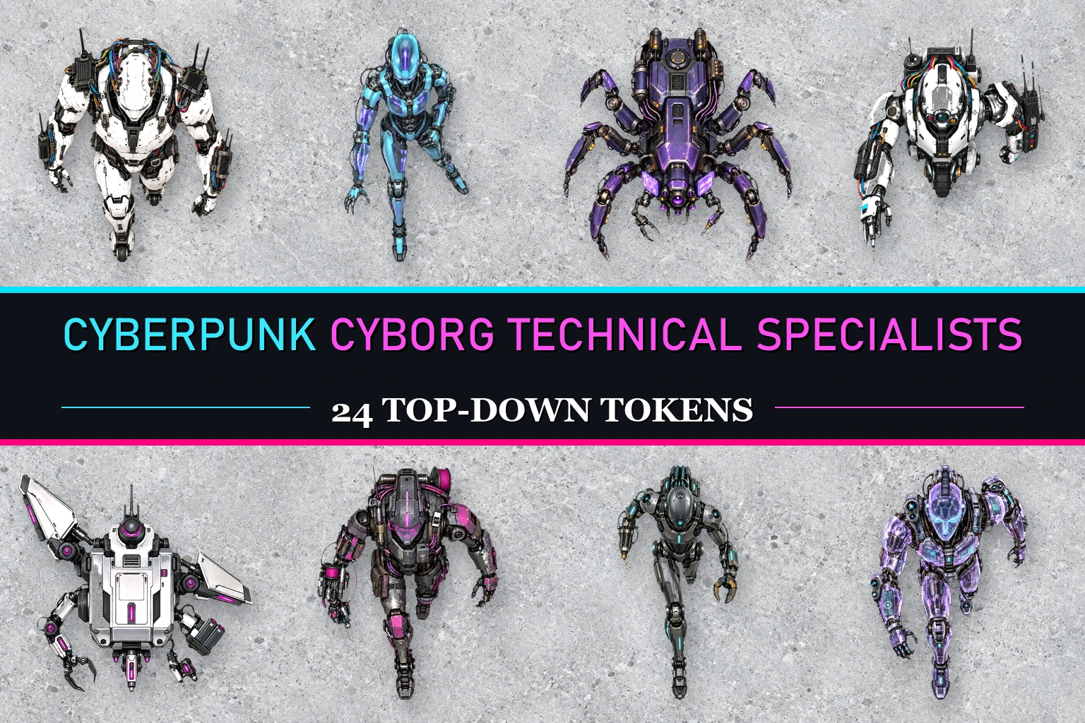 Cyberpunk Cyborg Technical Specialists — 24 Free Top-Down Tokens