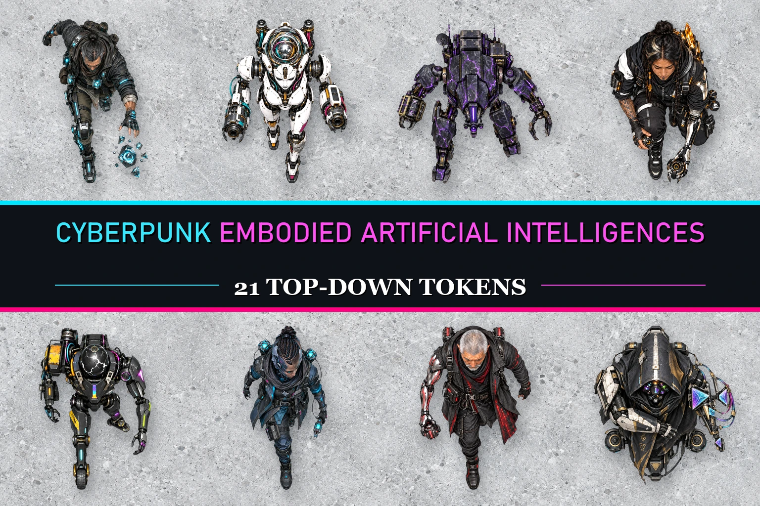 Cyberpunk Embodied Artificial Intelligences — 21 Free Top-Down Tokens