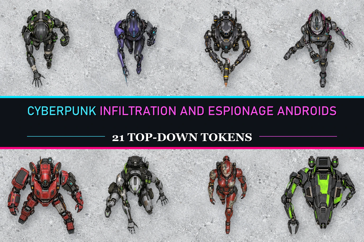 Cyberpunk Infiltration And Espionage Androids — 21 Free Top-Down Tokens