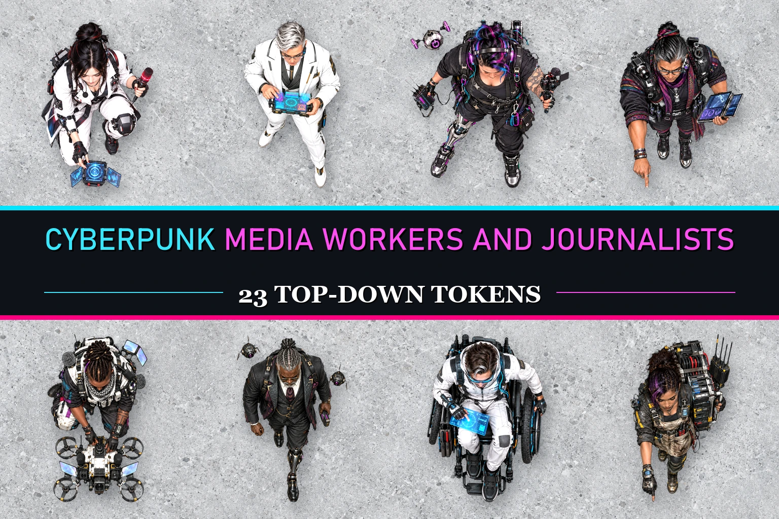 Cyberpunk Media Workers And Journalists — 23 Top-Down Tokens