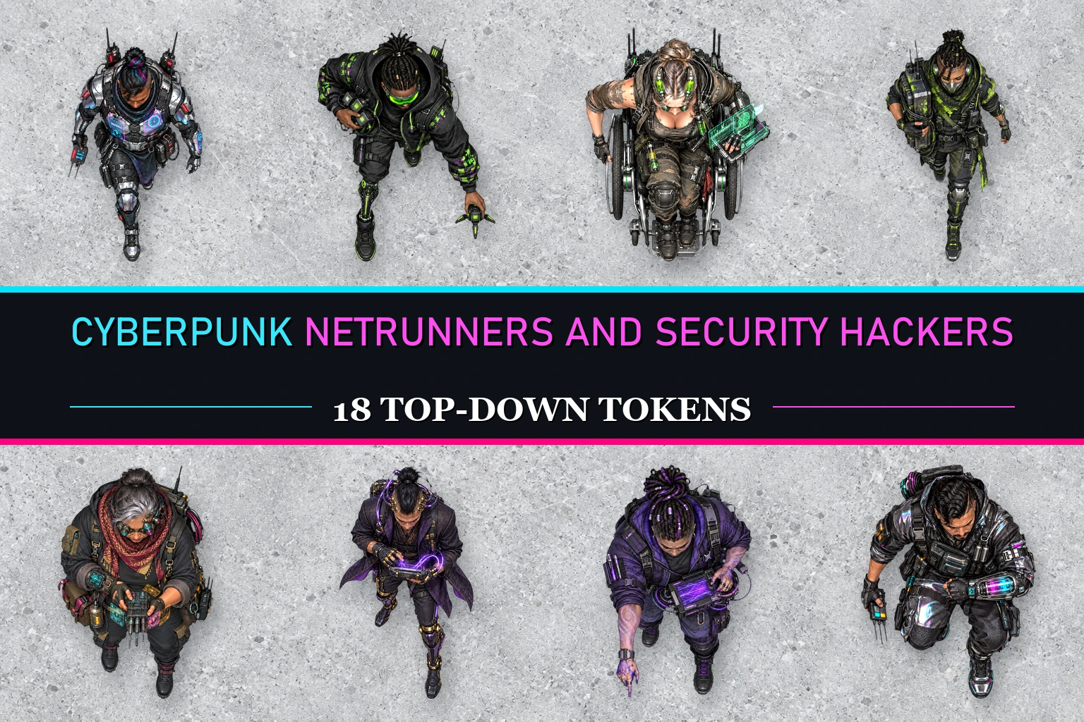 Cyberpunk Netrunners And Security Hackers — 18 Top-Down Tokens
